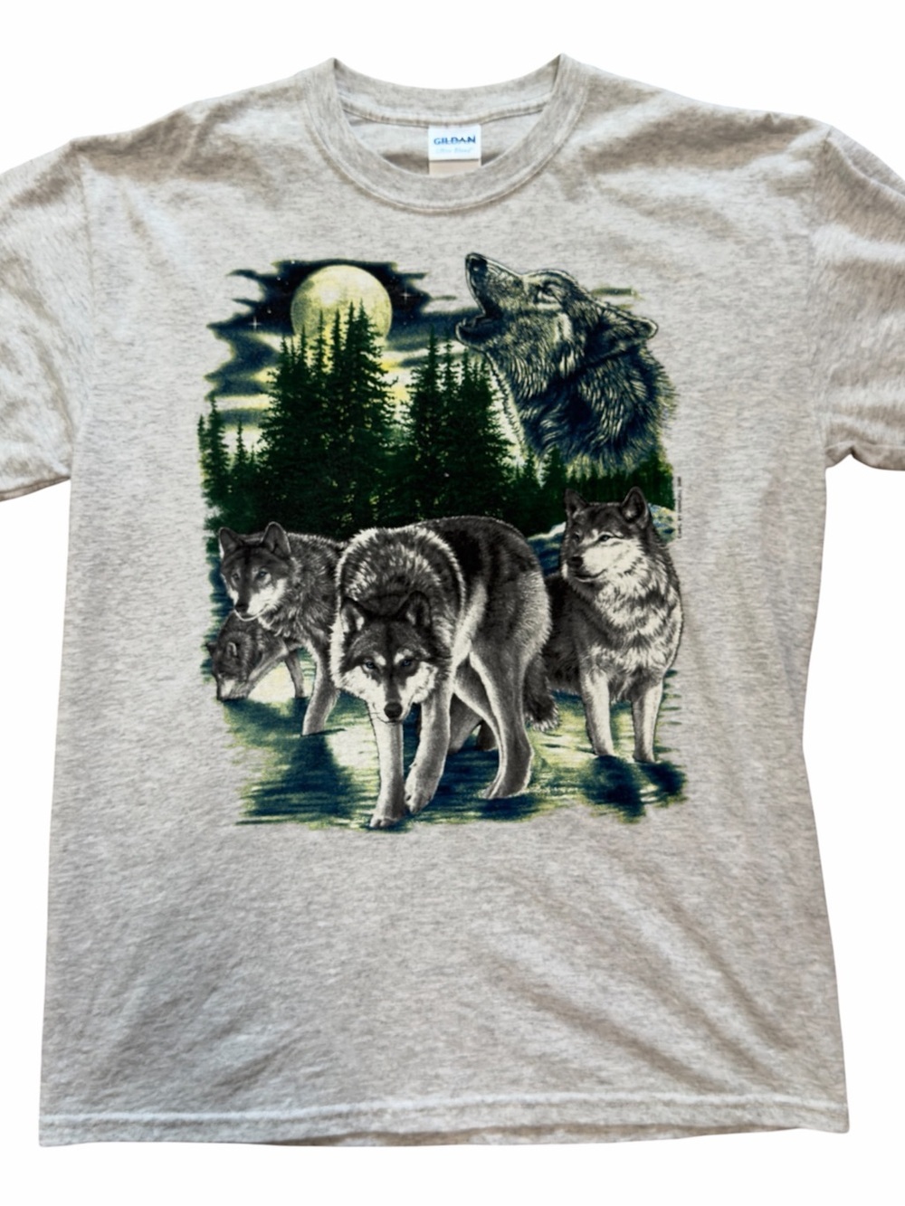 Wolf Pack Graphic Tee Gray Nature Wildlife Y2K Medium Grunge